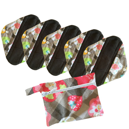 5 Cloth Menstrual Pads Panti Liners with WetBag for light day flow or a back up for your Period Cup (5 Pattern Choices)