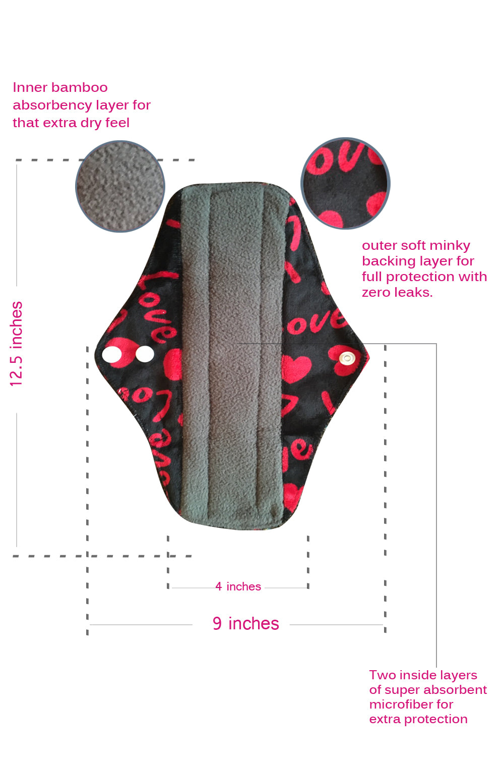 Period Mate Mama Cloths for Medium to heavy Flow with a Bonus Wet bag ( 6 pieces) Red Love